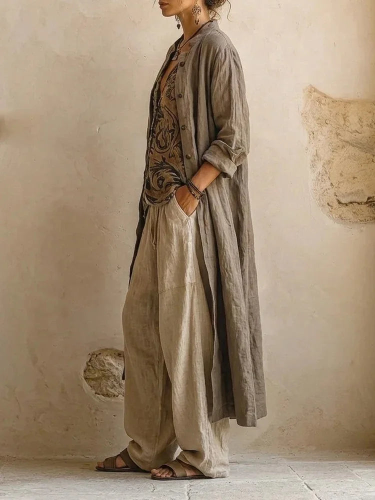 Abito casual in  3 Pezzi Suits Vintage Geometric Pattern Print Street Outfits Sexy V-neck Top & Long Pant & Cardigan Set