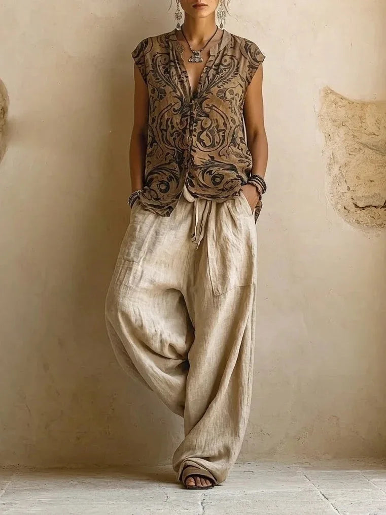 Abito casual in  3 Pezzi Suits Vintage Geometric Pattern Print Street Outfits Sexy V-neck Top & Long Pant & Cardigan Set