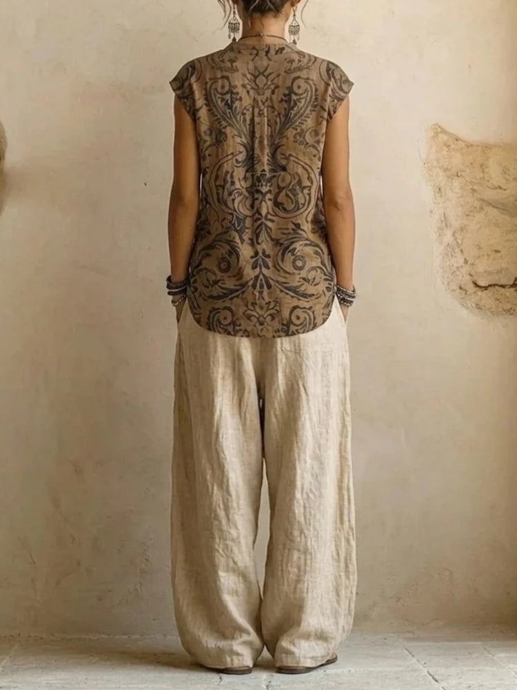 Abito casual in  3 Pezzi Suits Vintage Geometric Pattern Print Street Outfits Sexy V-neck Top & Long Pant & Cardigan Set