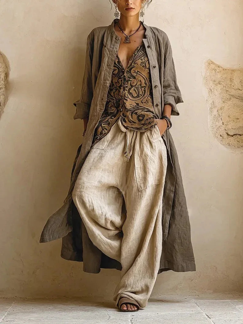 Abito casual in  3 Pezzi Suits Vintage Geometric Pattern Print Street Outfits Sexy V-neck Top & Long Pant & Cardigan Set